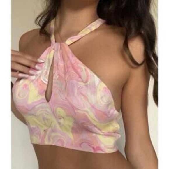 Zara Tops - Zara Satin Marbled Keyhole Top Pink Yellow Watercolor Tie Back Halter size S
